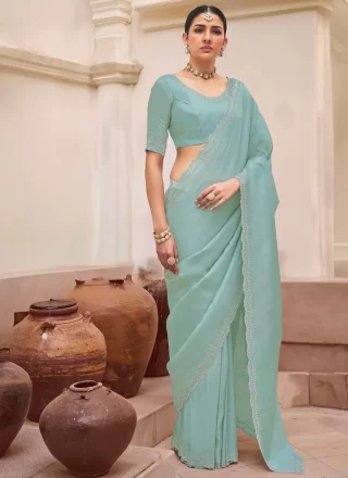 Aqua Blue Cut Dana and Cut Work Silk Contemporary Sari