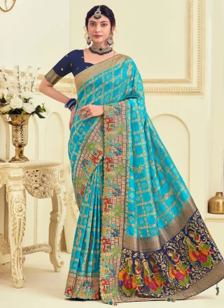 Aqua Blue Cut, Embroidered and Jacquard Work Silk Contemporary Saree