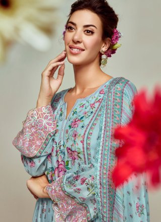 Aqua Blue Digital Print and Floral Patch Work Muslin Salwar Suit