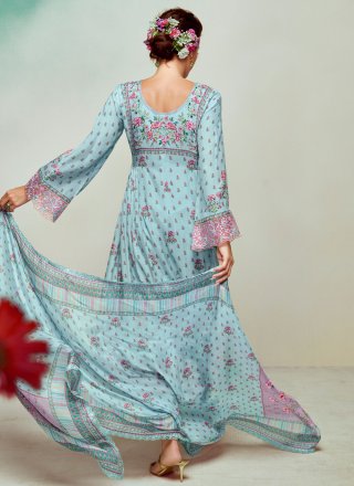 Aqua Blue Digital Print and Floral Patch Work Muslin Salwar Suit