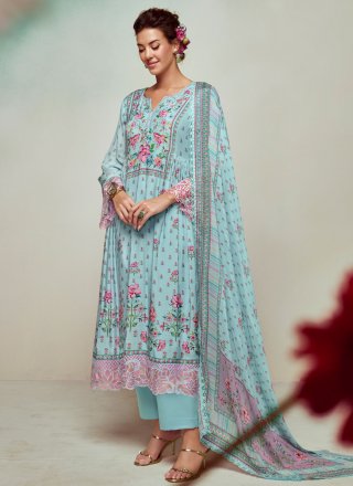 Aqua Blue Digital Print and Floral Patch Work Muslin Salwar Suit