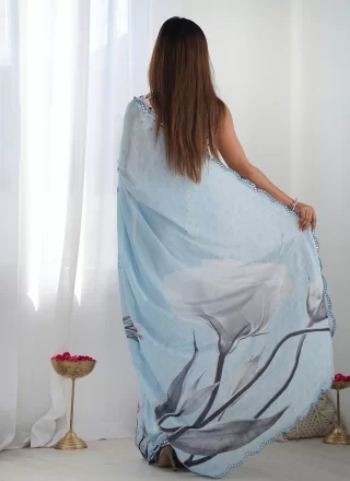 Aqua Blue Digital Print and Mirror Work Chinon Contemporary Sari