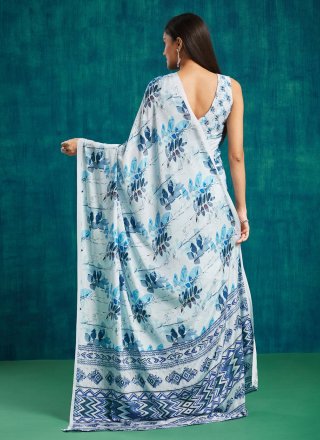Aqua Blue Digital Print Work Crepe Silk Trendy Saree