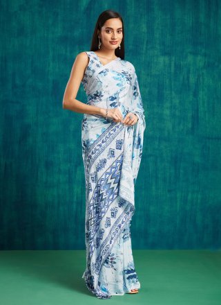 Aqua Blue Digital Print Work Crepe Silk Trendy Saree
