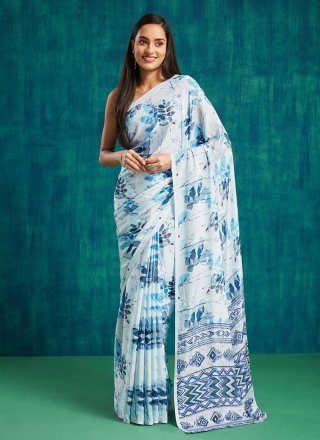 Aqua Blue Digital Print Work Crepe Silk Trendy Saree