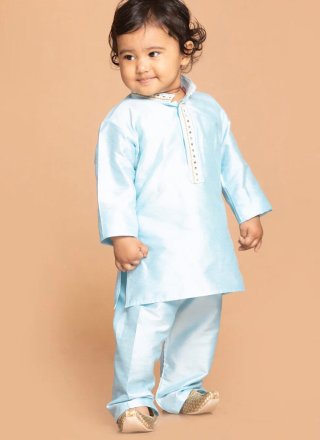 Aqua Blue Dupion Silk Embroidered Work Kurta Pyjama for Festival