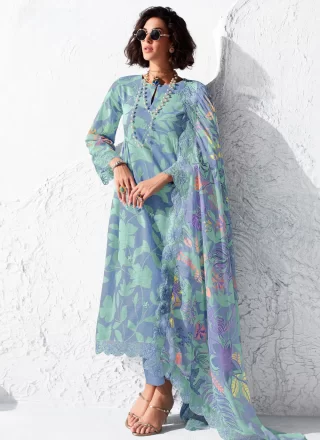 Aqua Blue Embroidered and Floral Patch Work Muslin Salwar Suit
