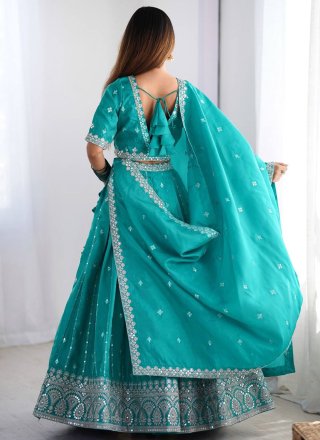 Aqua Blue Embroidered and Sequins Work Shimmer Lehenga Choli