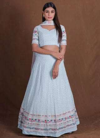 Aqua Blue Embroidered and Zari Work Georgette Lehenga Choli