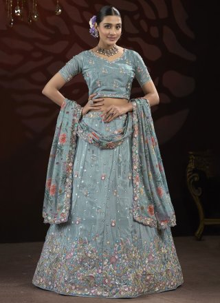 Aqua Blue Embroidered, Fancy, Sequins and Thread Work Net Lehenga Choli