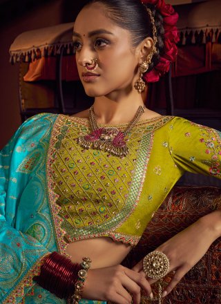 Aqua Blue Embroidered, Jacquard, Lace and Zari Work Viscose Designer Saree