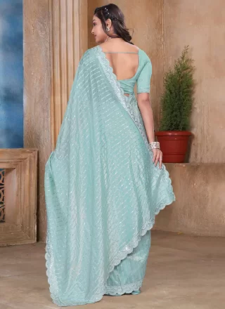 Aqua Blue Embroidered, Resham and Sequins Work Crush Designer Saree