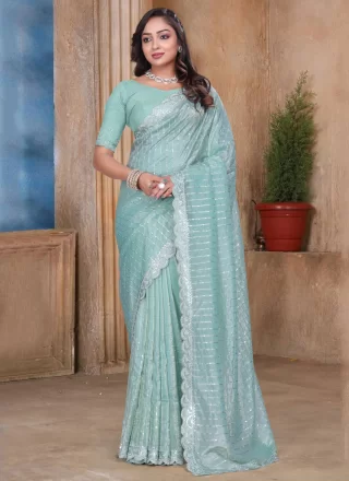 Aqua Blue Embroidered, Resham and Sequins Work Crush Designer Saree