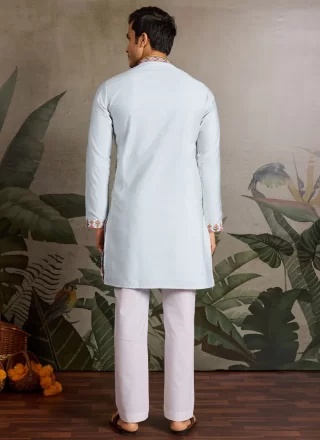 Aqua Blue Embroidered Work Silk Kurta Mens Wear