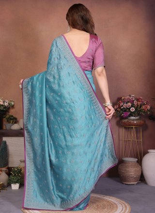 Aqua Blue Embroidered Work Vichitra Silk Trendy Saree