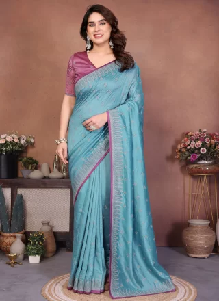 Aqua Blue Embroidered Work Vichitra Silk Trendy Saree