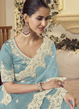 Aqua Blue Fancy Fabric Classic Sari with Embroidered, Sequins and Thread Work