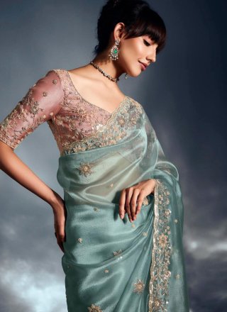 Aqua Blue Fancy Fabric Traditional Saree with Cut Dana, Cut, Khatli, Sequins, Thread and Zari Work