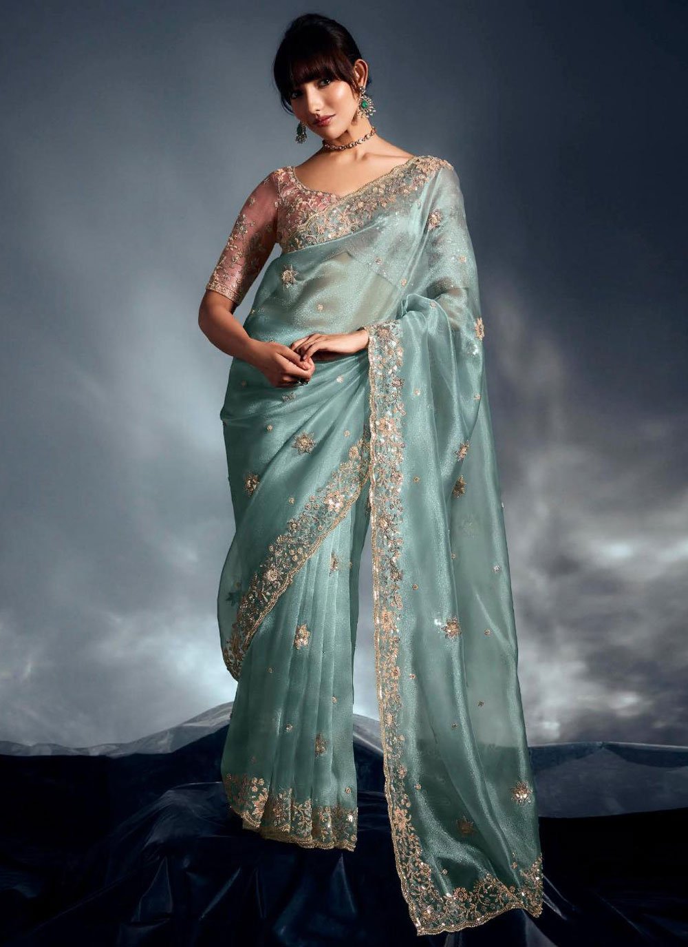 Buy Aqua Blue Fancy Fabric Traditional Saree with Cut Dana, Cut
