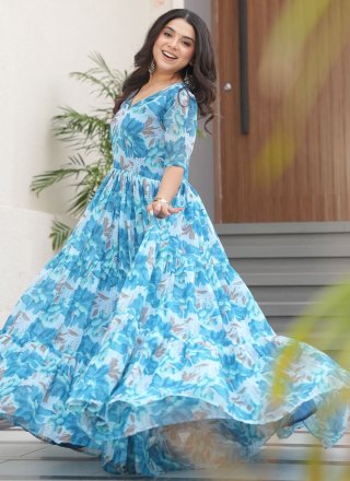 Aqua Blue Faux Georgette  Designer Gown with Floral Patch Work for Casual