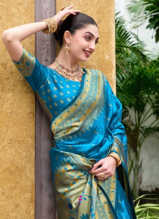 Aqua Blue Floral Patch and Weaving Work Silk Blend Trendy Saree