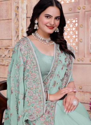 Aqua Blue Georgette Contemporary Saree with Embroidered and Resham Work for Ceremonial