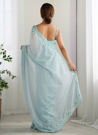 Aqua Blue Georgette Embroidered and Sequins Work Classic Saree