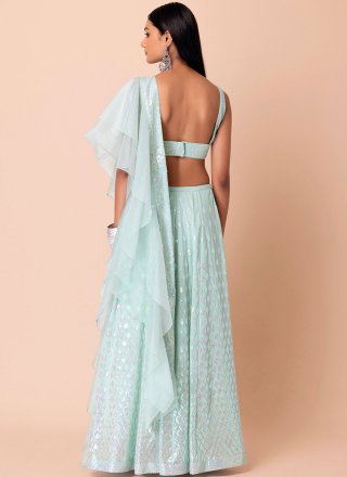 Aqua Blue Georgette Embroidered, Sequins and Thread Work A - Line Lehenga Choli