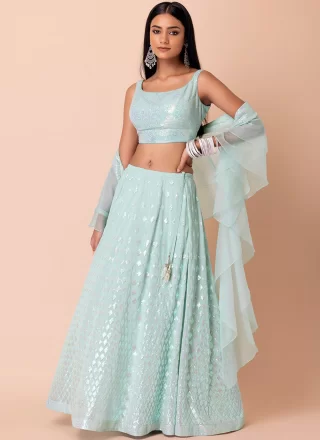 Aqua Blue Georgette Embroidered, Sequins and Thread Work A - Line Lehenga Choli
