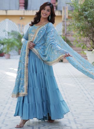 Aqua Blue Georgette Embroidered, Sequins and Zari Work  Designer Gown for Women