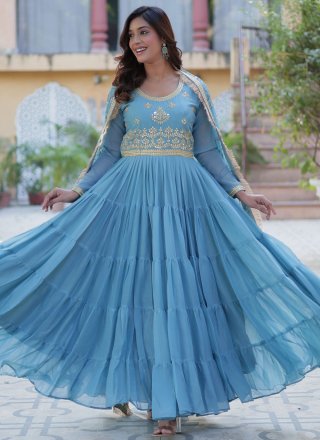 Aqua Blue Georgette Embroidered, Sequins and Zari Work  Designer Gown for Women