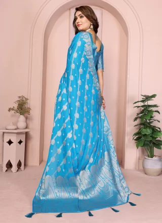 Aqua Blue Georgette Floral Patch Work Contemporary Saree