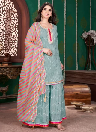 Aqua Blue Georgette Salwar Suit with Embroidered and Sequins Work for Ceremonial