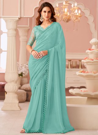 Aqua Blue Georgette Traditional Saree with Patch Border and Embroidered Work for Ceremonial