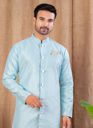 Aqua Blue Jacquard Buttons Work Indo Western