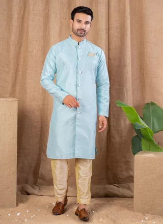 Aqua Blue Jacquard Buttons Work Indo Western