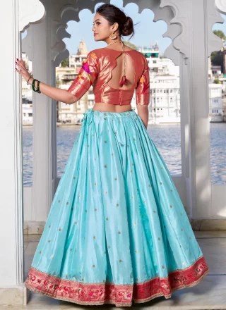Aqua Blue Jacquard Silk Lace, Weaving and Zari Work A - Line Lehenga Choli for Women