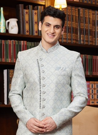 Aqua Blue Jacquard Silk Sherwani Mens Wear