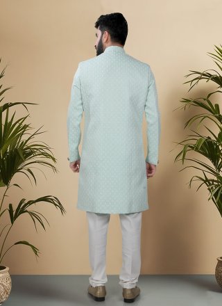Aqua Blue Jacquard Woven Work Indo Western