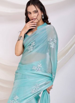 Aqua Blue JIMMY CHU Embroidered and Stone Work Designer Saree