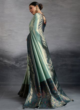 Aqua Blue Kanjivaram Silk Classic Saree with Meenakari, Woven and Zari Work for Ceremonial