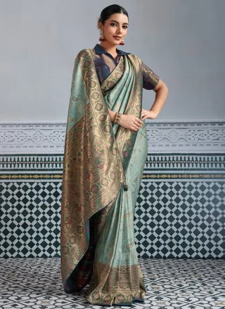 Aqua Blue Kanjivaram Silk Classic Sari with Jaal, Meenakari, Woven and Zari Work