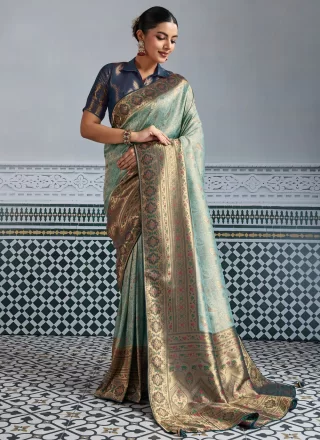 Aqua Blue Kanjivaram Silk Classic Sari with Jaal, Meenakari, Woven and Zari Work
