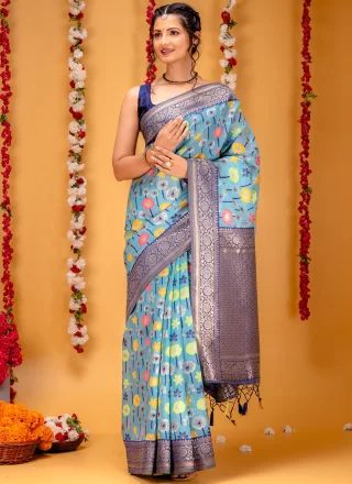 Aqua Blue Kanjivaram Silk Zari Work Contemporary Saree for Ceremonial
