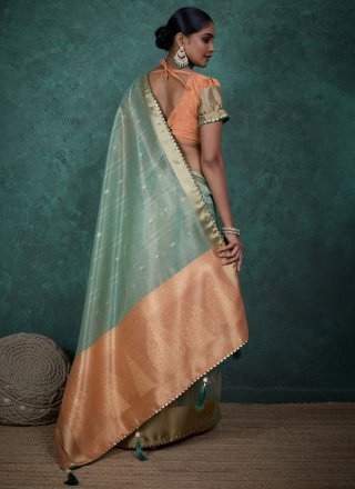 Aqua Blue Linen Traditional Saree