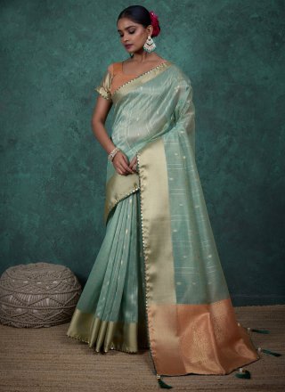 Aqua Blue Linen Traditional Saree