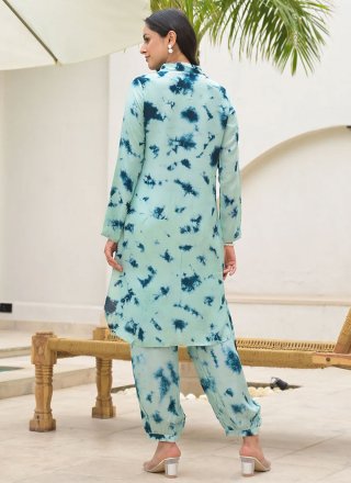 Aqua Blue Muslin Print Work Casual Kurti for Ceremonial