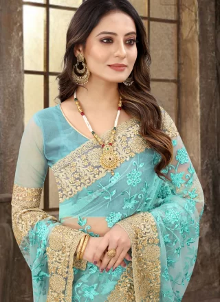Aqua Blue Net Contemporary Saree with Embroidered, Resham, Stone and Zari Work
