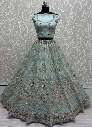 Aqua Blue Net Dimond, Dori, Embroidered, Multi, Sequins, Thread and Zircon Work Lehenga Choli for Engagement