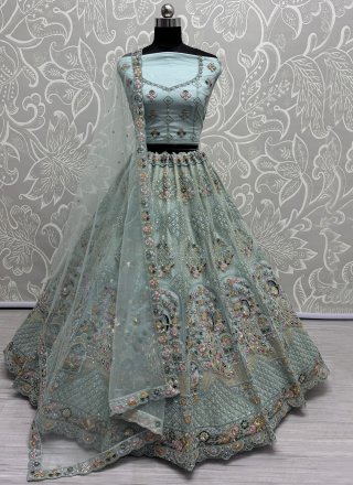 Aqua Blue Net Dimond, Dori, Embroidered, Multi, Sequins, Thread and Zircon Work Lehenga Choli for Engagement